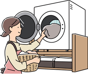 乾燥機から洗濯物を取り出すお母さん