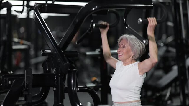 Aspiring older woman training in contemporary fitness center, using lat pulldown machine to strengthen back, arms, and improve upper body posture and muscle control, staying active and healthy. High