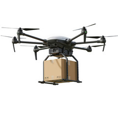 A high-tech drone delivering a package, showcasing modern logistics and efficiency in transportation.