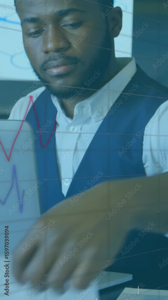 Poster animation of multiple graphs with changing numbers over african american man working on laptop