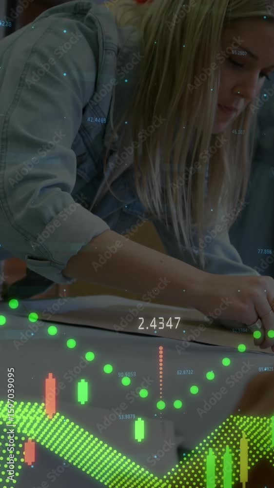 Poster animation of graphs with numbers over caucasian designer drawing outline on cloth