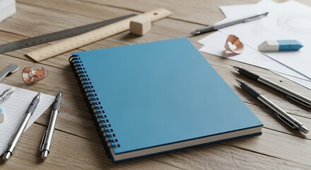 Creative Workspace Blue Notepad and Stationery Items on Wooden Desk for Planning and Design Ideas