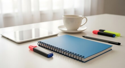 Desk Essentials Coffee, Notebook, Tablet and Pens for a Productive Work Space