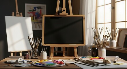 Artist's Studio Blank Canvas and Colorful Palette in a Warm, Creative Space, Ready for New Artistic Ventures