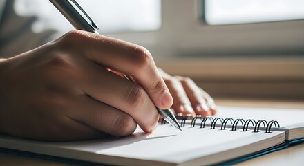 Person Writing in Notebook, Journaling Ideas with Pen. Close up of hand taking notes on a blank notebook for creative writing, planning and brainstorming.