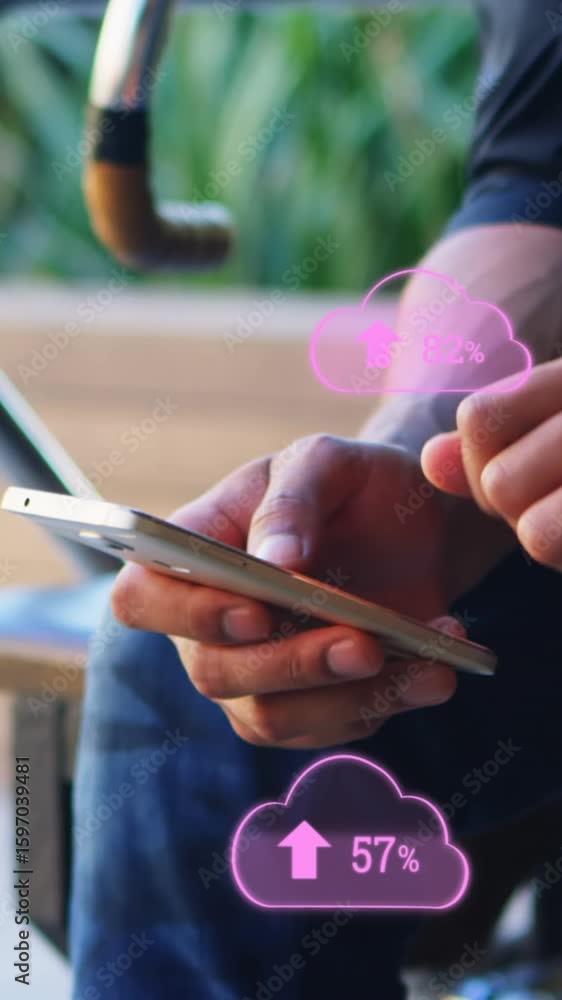 Poster animation of clouds with arrows and percent going up over caucasian man using smartphone