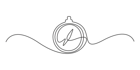 Continuous one line drawing of compass for locating direction. Shipment and logistic concept. Doodle vector illustration