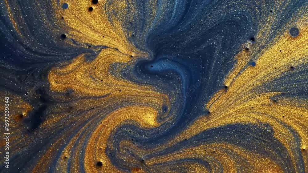 Poster an ethereal vortex of sparkling gold and indigo liquid swirls into a mysterious and celestial abstra