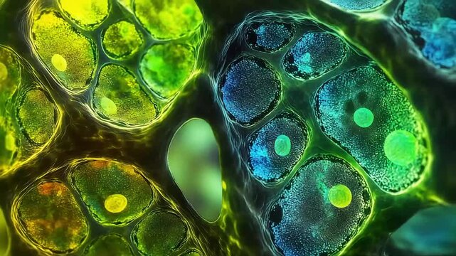 Microscopic cell clusters shimmer with vibrant colors