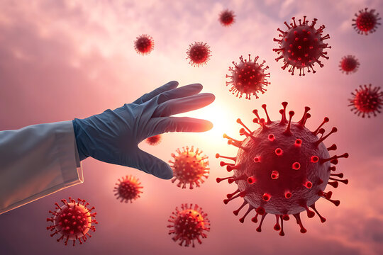 Doctor in protective suit reaching out to stop spreading coronavirus particles