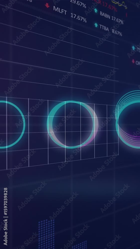 Aufkleber animation of neon spiral shapes in seamless pattern over statistical, stock market data processing
