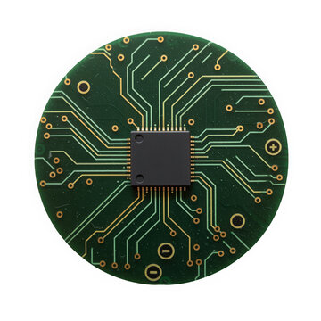 Close-up of a circular green circuit board featuring intricate pathways and a central microchip.