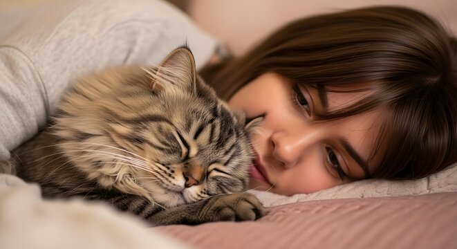 A serene moment of a woman cuddling a cat in bed. 