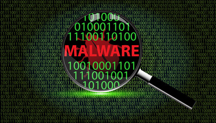 Magnifying Glass Focused on Malware word and Binary code &ndash; Cybersecurity Alert Concept.