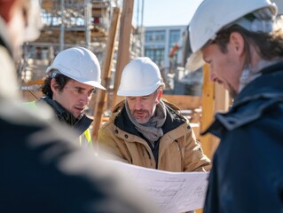 Construction Team Examining Blueprints at Building Site for Progress and Accuracy, ensuring compliance with safety and quality standards.