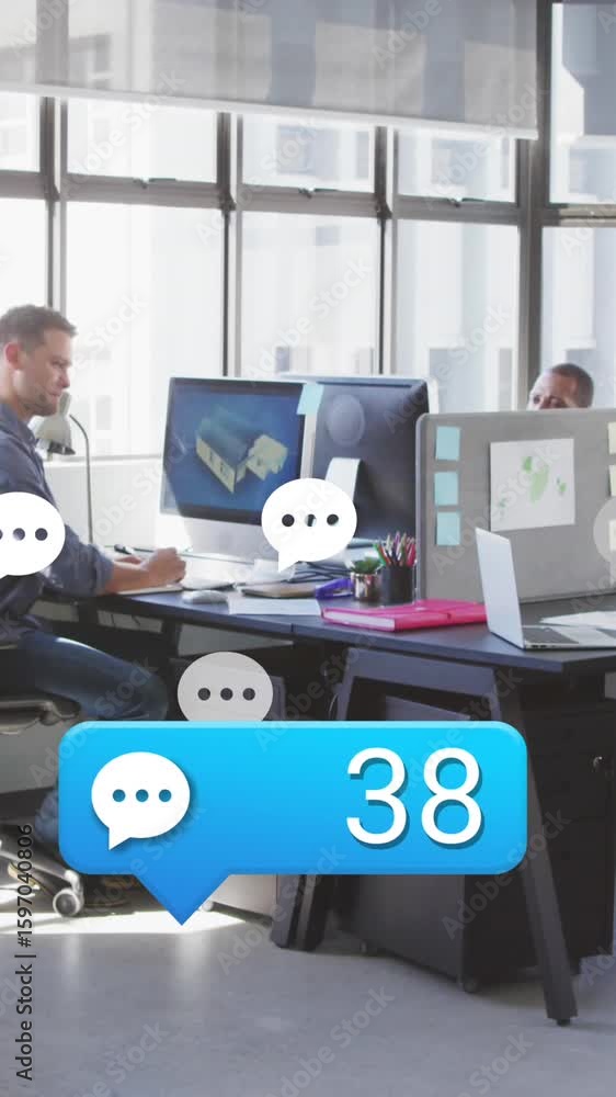 Poster animation of message icon with increasing numbers over two diverse men high fiving at office