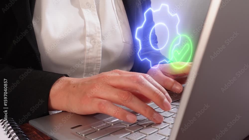 Poster close-up of a woman's hands working on a computer with a luminous virtual icon of a gear and a check