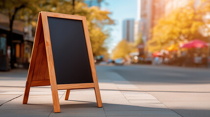 Blank blackboard sidewalk sign on city street