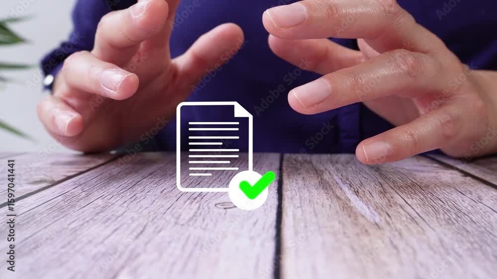 Poster hands protecting a virtual icon of a document with a checkmark on a table.