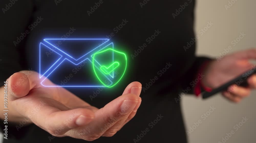 Poster close-up of a person's hand holding a luminous virtual icon of an envelope with a shield and a check