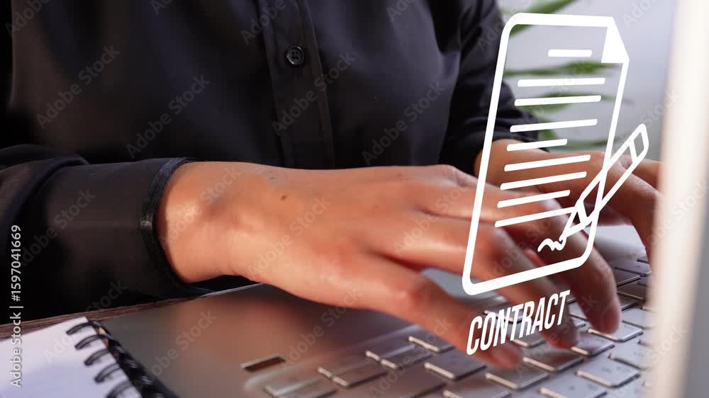Poster close-up of a businessman's hands working on his computer with an animation of a contract being sign