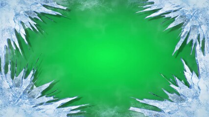Stylized frame of icy splinters surrounds a vibrant green backdrop, suggesting winter's chill with a refreshing, cool aesthetic