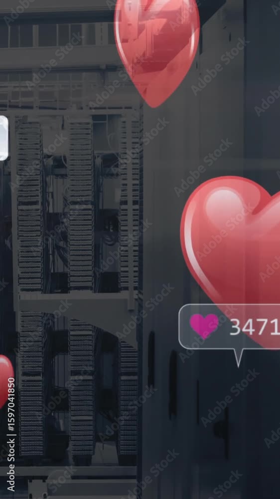 Poster animation of heart icons and social media data processing over computer servers