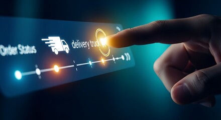 Order tracking and delivery concept. A finger touches a truck icon on a minimal holographic timeline, showing the current status of a shipment.
