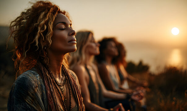 diverse group of women meditating in nature at sunset, finding inner peace and harmony in a serene outdoor setting.