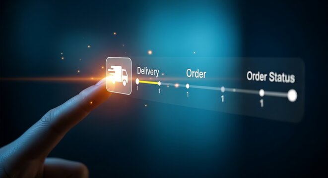 Order tracking and delivery concept. A finger touches a truck icon on a minimal holographic timeline, showing the current status of a shipment. - Powered by Adobe