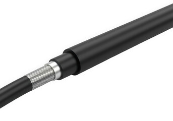 Close-up of a flexible black cable showcasing its metallic shielding and smooth surface, highlighting durability and modern design.