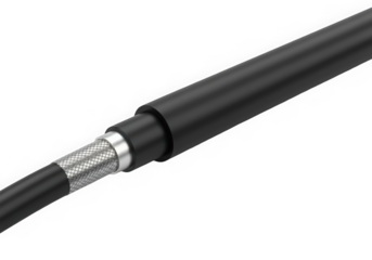 Close-up of a flexible black cable showcasing its metallic shielding and smooth surface, highlighting durability and modern design.