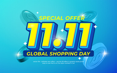 11.11 Shopping Day blue banner, World Shopping Day. Singles Day sale promotional flyer