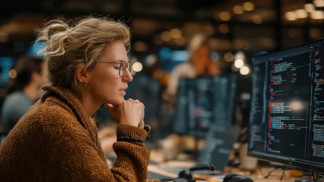 Focused Female Software Developer Coding at Tech Office Workstation