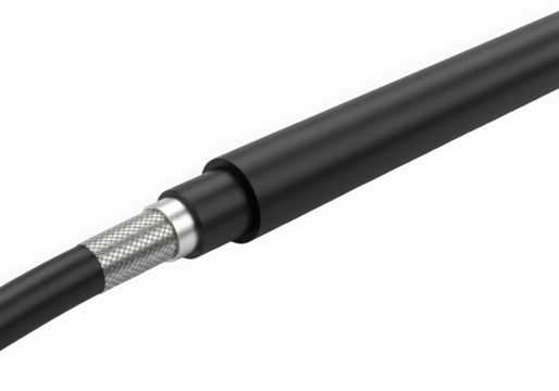 Close-up of a flexible black cable showcasing its metallic shielding and smooth surface, highlighting durability and modern design.