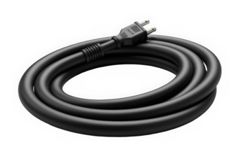 A coiled black power cord with a two-prong plug, symbolizing energy connectivity and technology.
