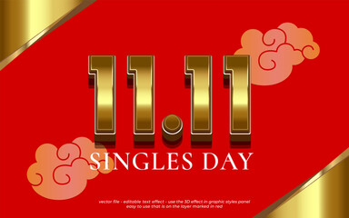Chinese 11.11 shopping day sale poster with gold lettering style on red background