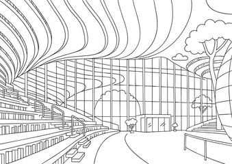 Obraz premium Futuristic Library Interior with Curved Bookshelves and Central Spherical Design, China, coloring page
