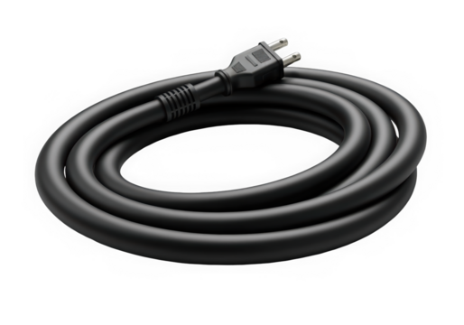 A coiled black power cord with a two-prong plug, symbolizing energy connectivity and technology.