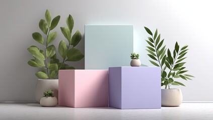 Minimalist, pastel-colored, 3D-rendered scene with plants and geometric podiums