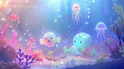 Fototapeta premium Sparkle Reef: A Whimsical Luminescent Coral Landscape, Where Pastel Glows and Friendly Marine Creatures Delight Young Imaginations