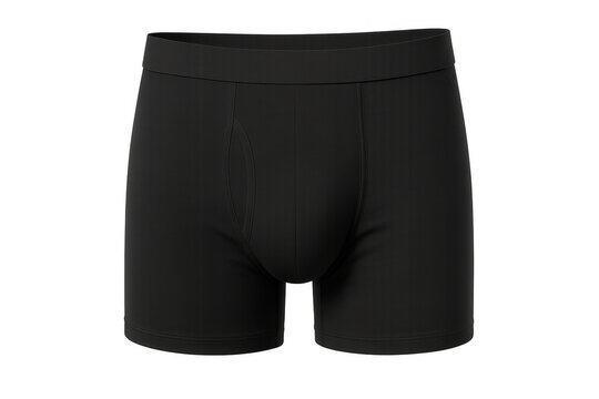 Black boxer briefs lying flat, highlighting minimalist fabric texture and clean silhouette against pure white background