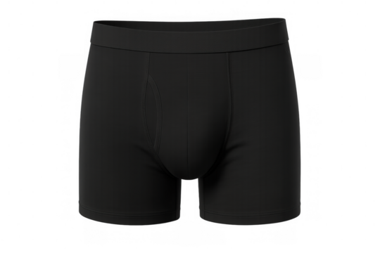 Black boxer briefs lying flat, highlighting minimalist fabric texture and clean silhouette against pure white background - Powered by Adobe