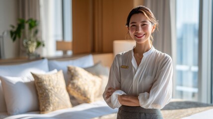 Japanese Hotel Receptionist in Stylish Room