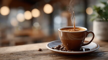 Obraz premium Freshly Brewed Espresso in a Cozy Cafe Setting