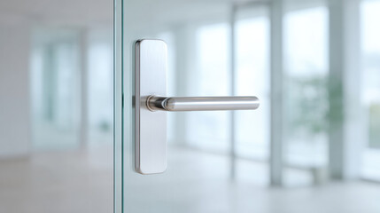 Clean glass door handle on modern office building with bright natural light creating calm and professional atmosphere