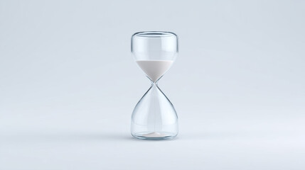 Transparent hourglass with white sand on clean white background symbolizing time passing and patience