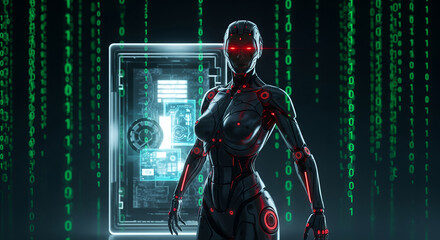 Cybernetic woman stands before a glowing digital vault, binary code cascading around her.