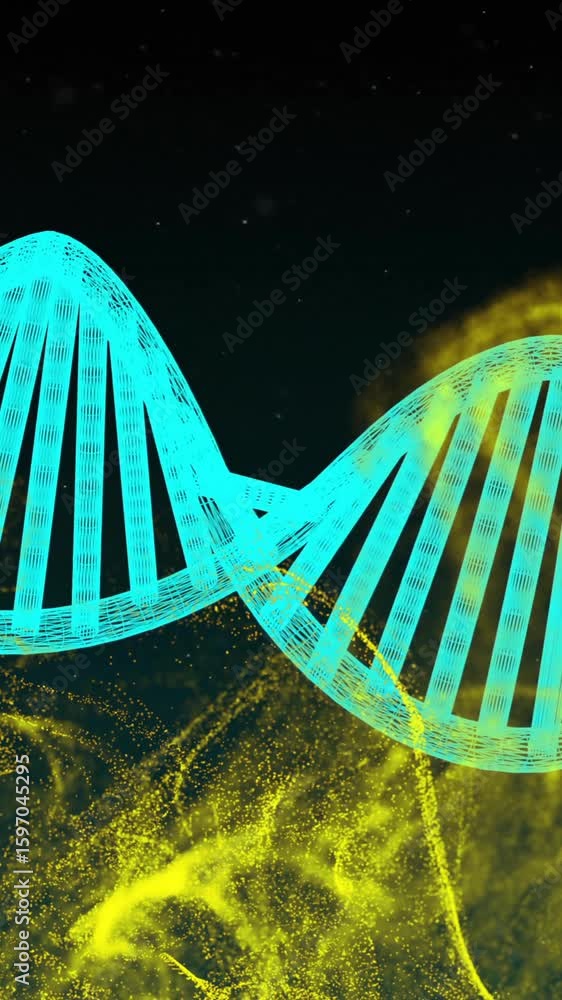Poster animation of dna strand and mesh of glowing mesh of connections on dark background