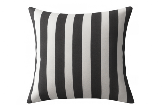 Soft furnishing cushion with black and white vertical stripes, isolated on a transparent background